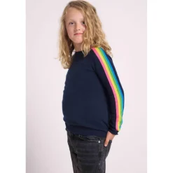 Pull enfant col rond bandes multicolores LUZ en cachemire bleu marine