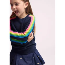 Pull enfant col rond bandes multicolores LUZ en cachemire bleu marine