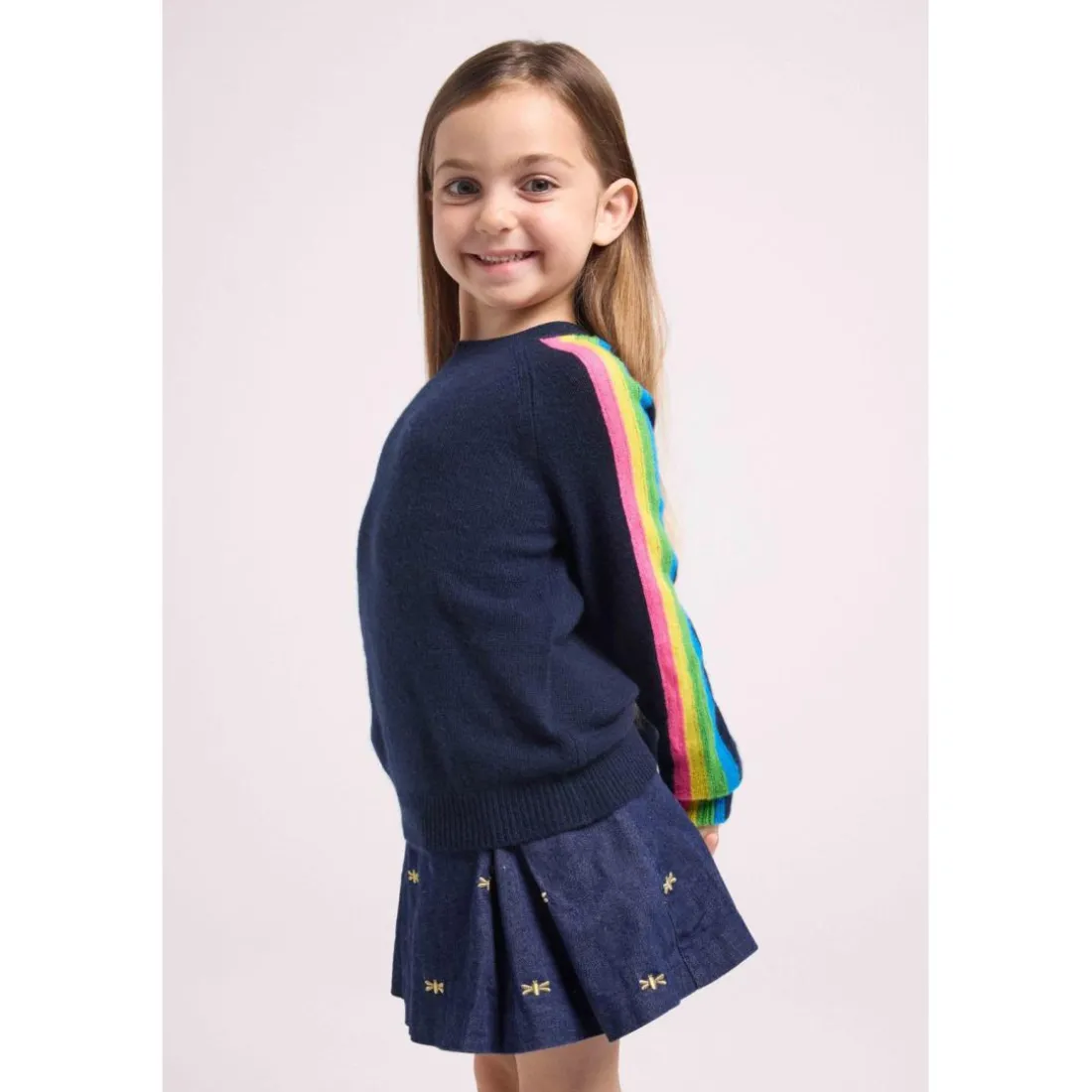 Pull enfant col rond bandes multicolores LUZ en cachemire bleu marine