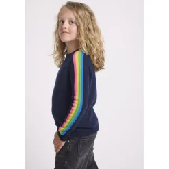 Pull enfant col rond bandes multicolores LUZ en cachemire bleu marine