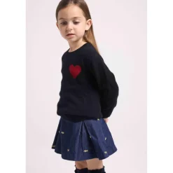 Pull enfant col rond cœur poitrine LENNY en cachemire noir cœur rouge