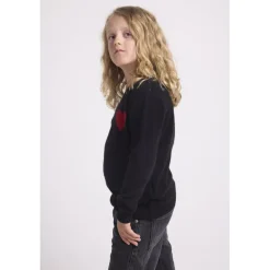 Pull enfant col rond cœur poitrine LENNY en cachemire noir cœur rouge