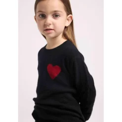 Pull enfant col rond cœur poitrine LENNY en cachemire noir cœur rouge
