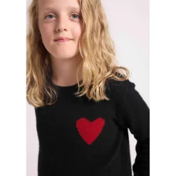 Pull enfant col rond cœur poitrine LENNY en cachemire noir cœur rouge