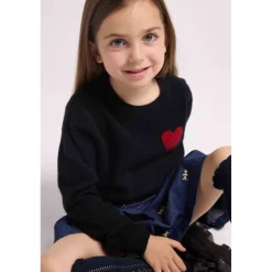 Pull enfant col rond cœur poitrine LENNY en cachemire noir cœur rouge