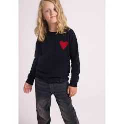 Pull enfant col rond cœur poitrine LENNY en cachemire noir cœur rouge