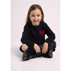 Pull enfant col rond cœur poitrine LENNY en cachemire noir cœur rouge