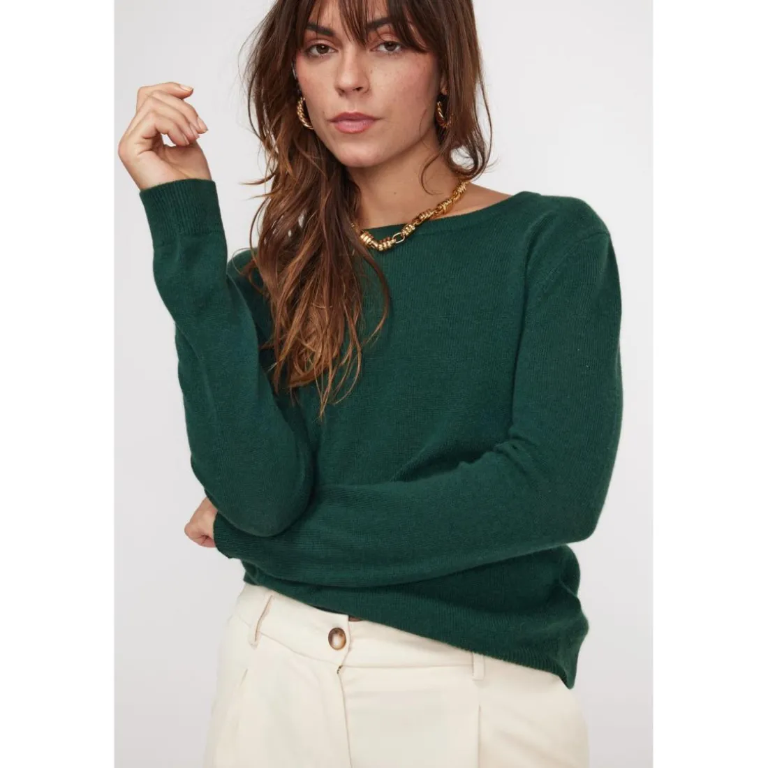 Pull femme col rond ZARA en cachemire vert sapin