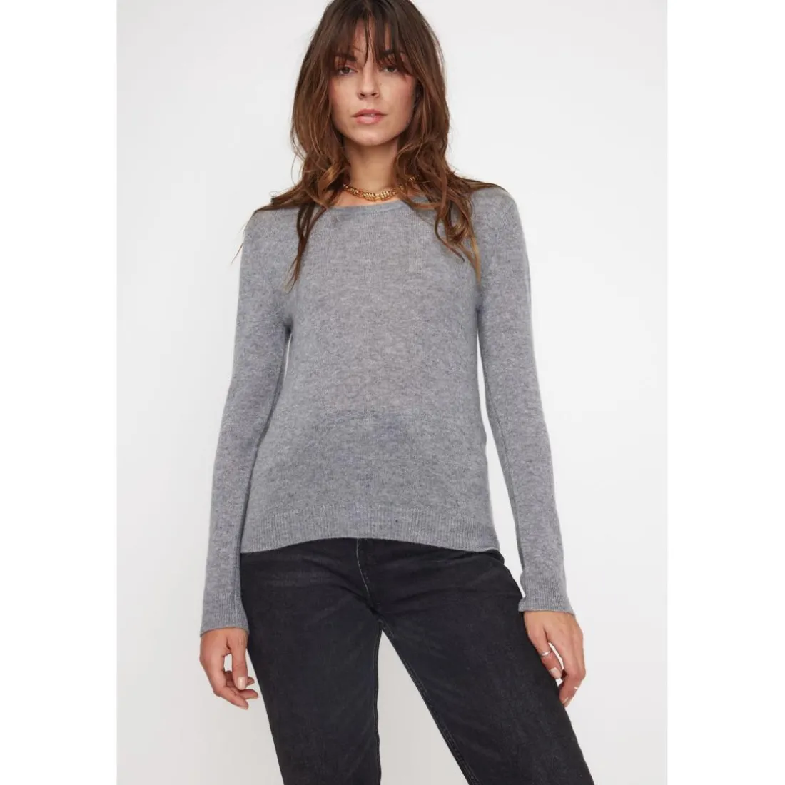 Pull femme col rond ZARA en cachemire gris fonce