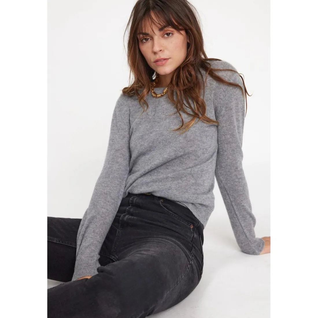 Pull femme col rond ZARA en cachemire gris fonce