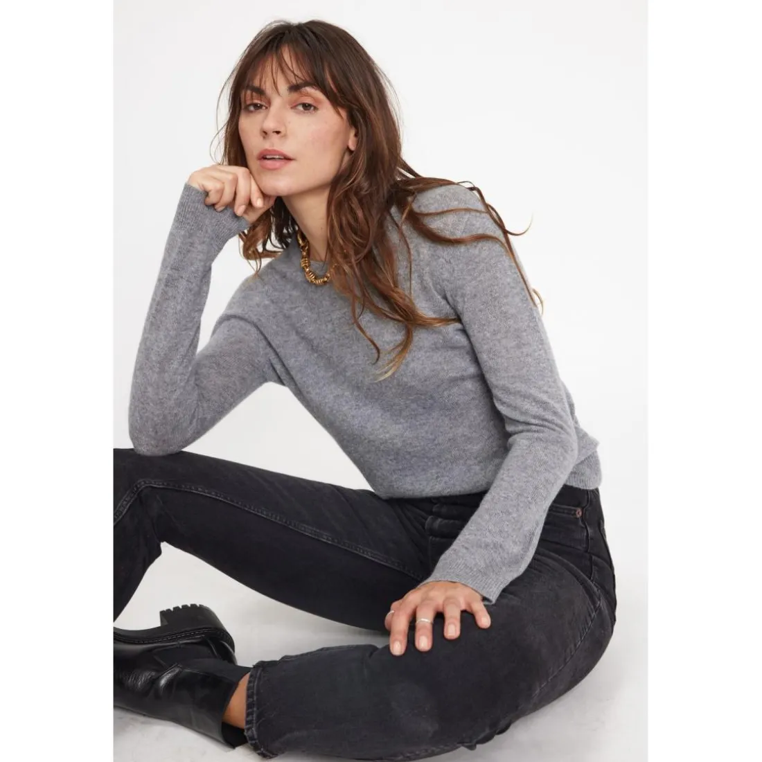 Pull femme col rond ZARA en cachemire gris fonce