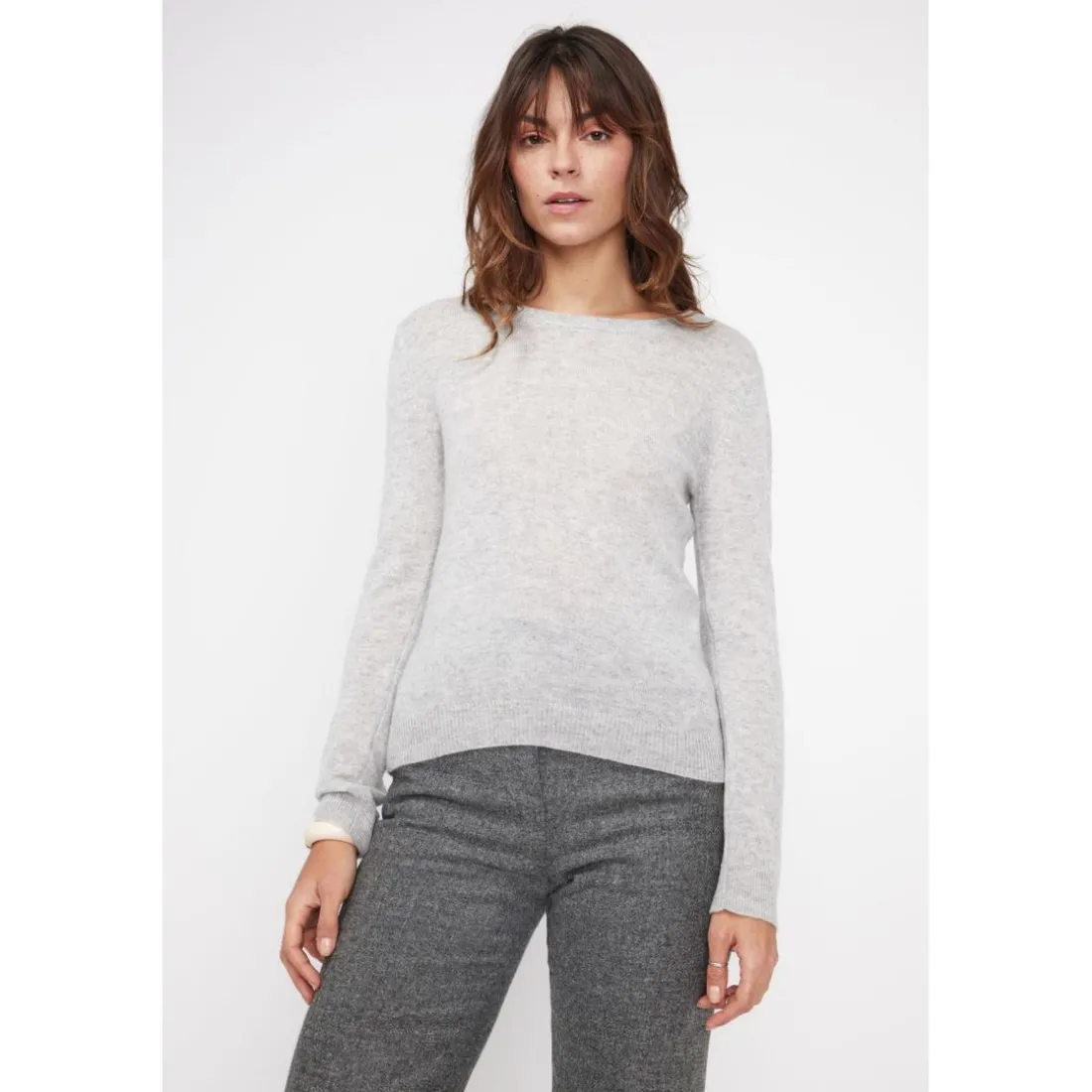 Pull femme col rond ZARA en cachemire gris perle