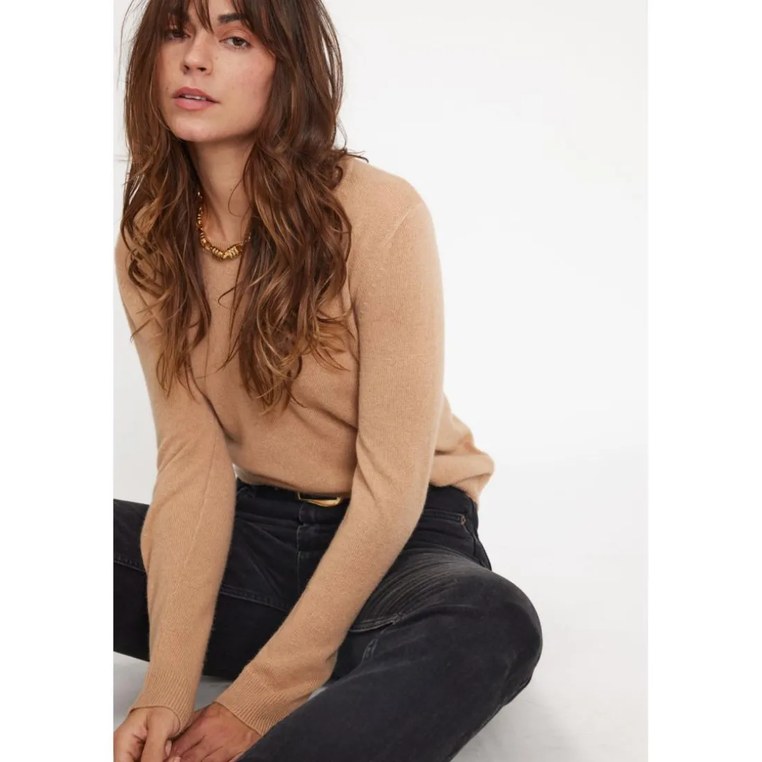 Pull femme col rond ZARA en cachemire beige