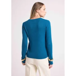 Pull femme col rond ZARA en cachemire bleu peacock