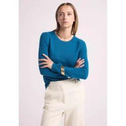 Pull femme col rond ZARA en cachemire bleu peacock
