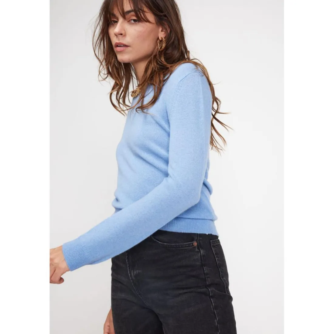 Pull femme col rond ZARA en cachemire bleu ciel