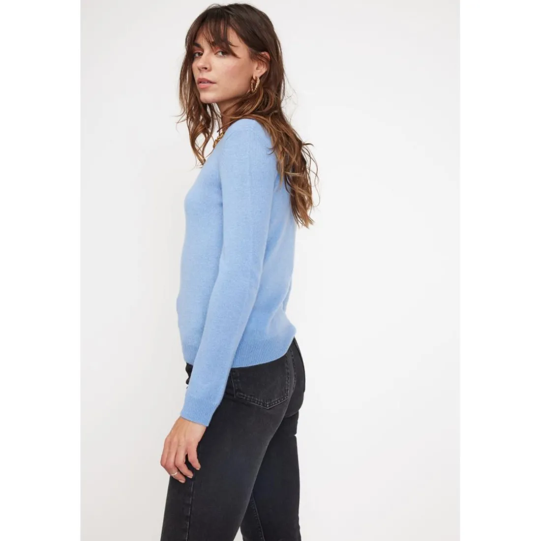 Pull femme col rond ZARA en cachemire bleu ciel