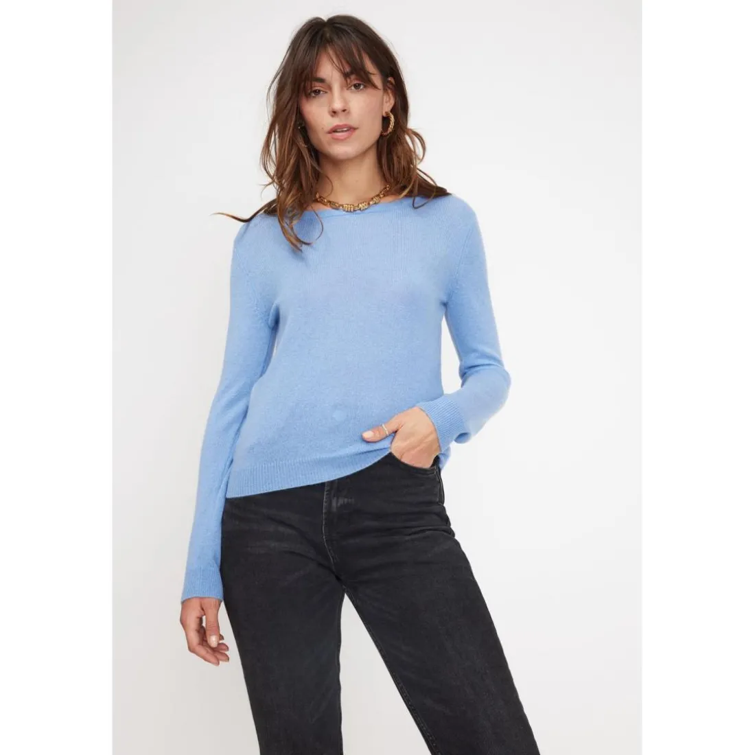 Pull femme col rond ZARA en cachemire bleu ciel