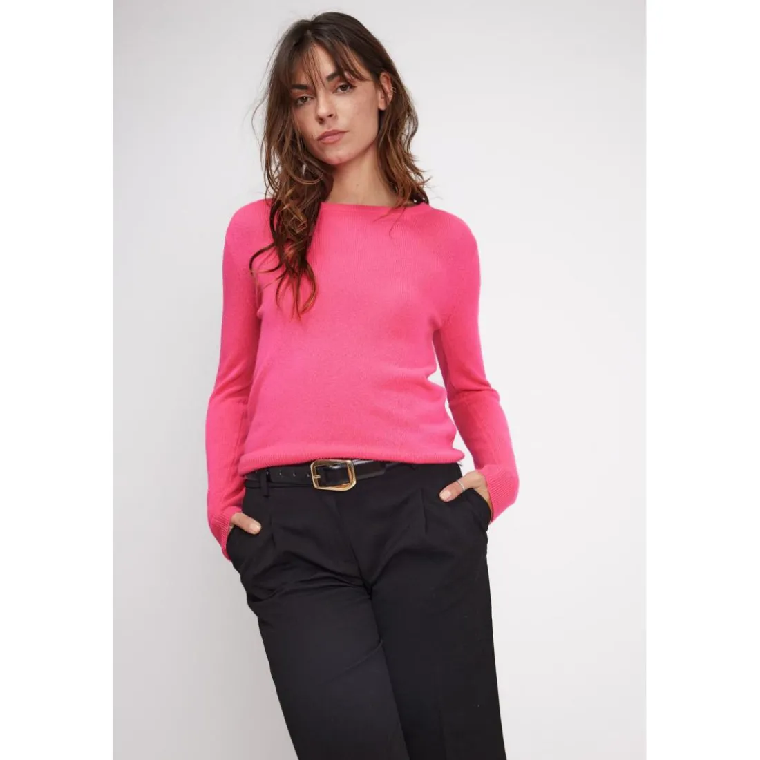 Pull femme col rond ZARA en cachemire rose fluo