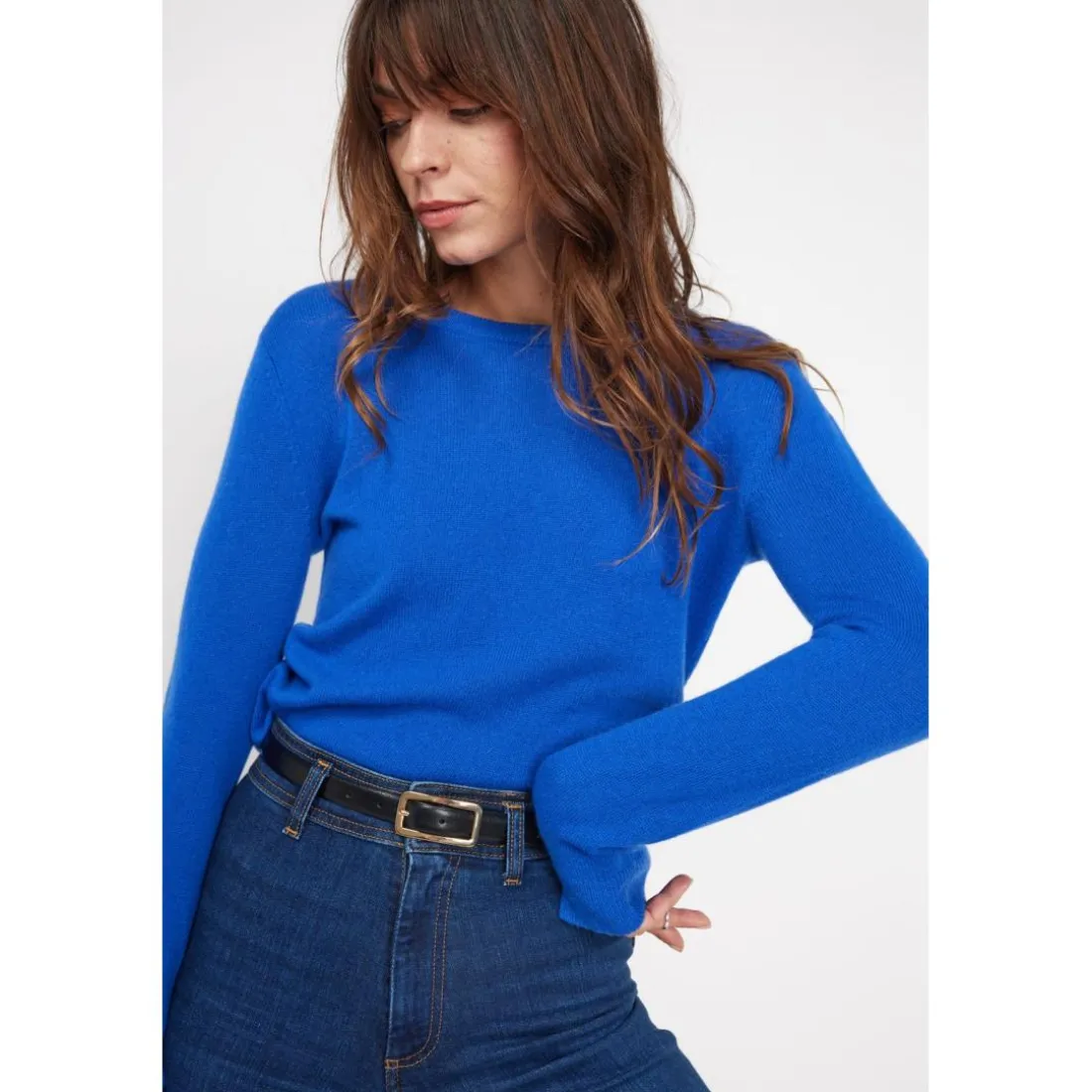 Pull femme col rond ZARA en cachemire bleu flashy