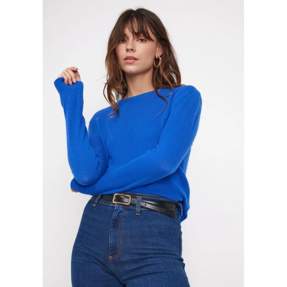 Pull femme col rond ZARA en cachemire bleu flashy