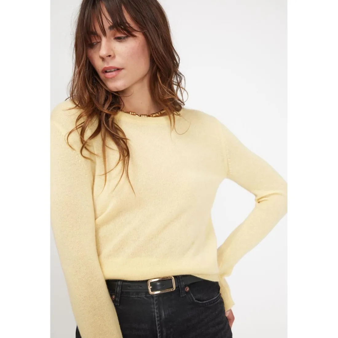 Pull femme col rond ZARA en cachemire jaune