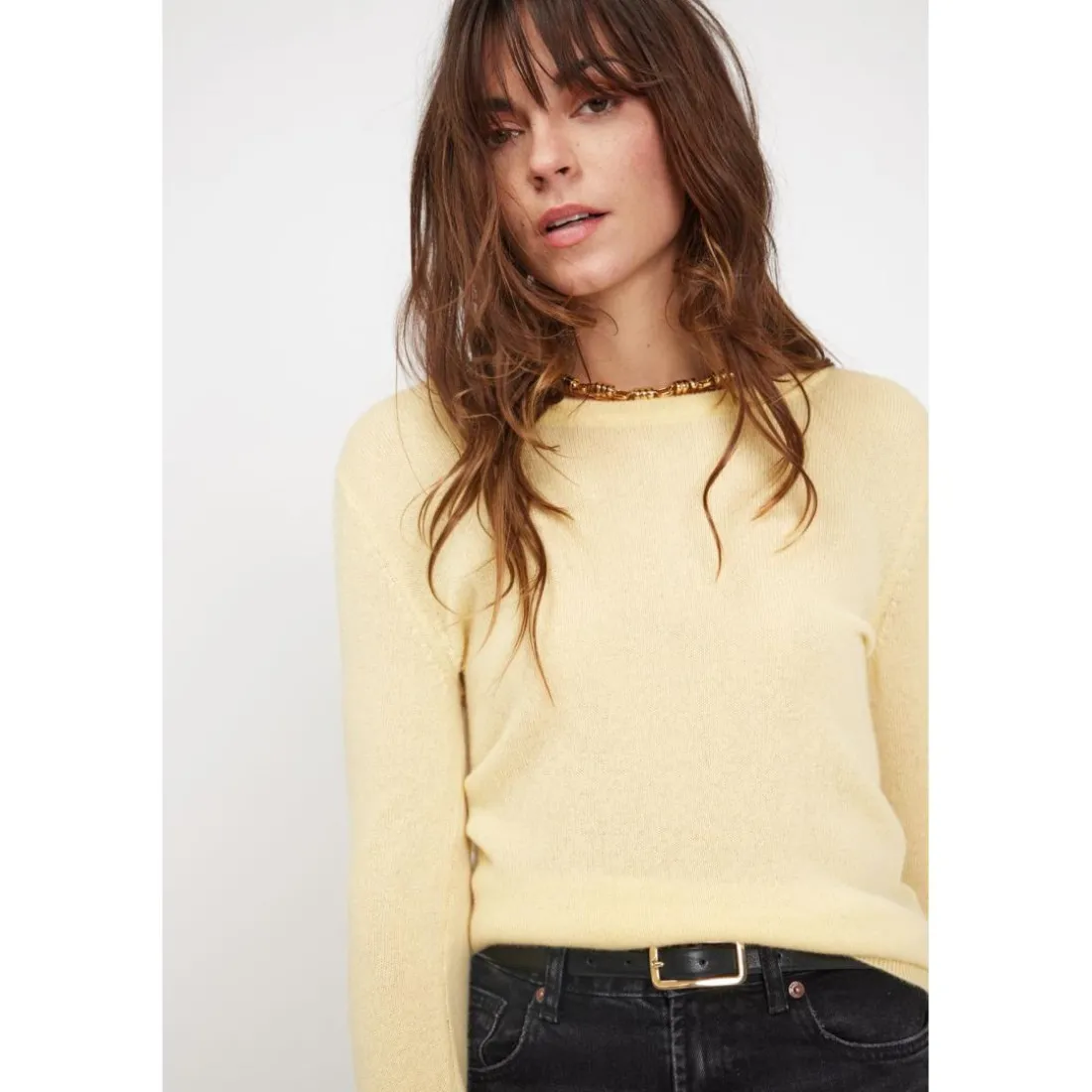Pull femme col rond ZARA en cachemire jaune