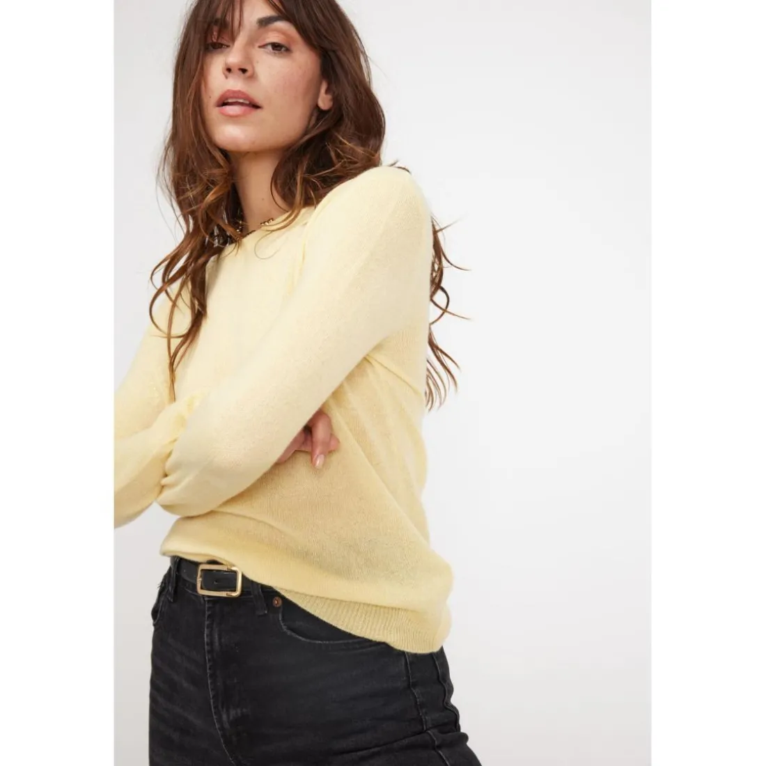 Pull femme col rond ZARA en cachemire jaune