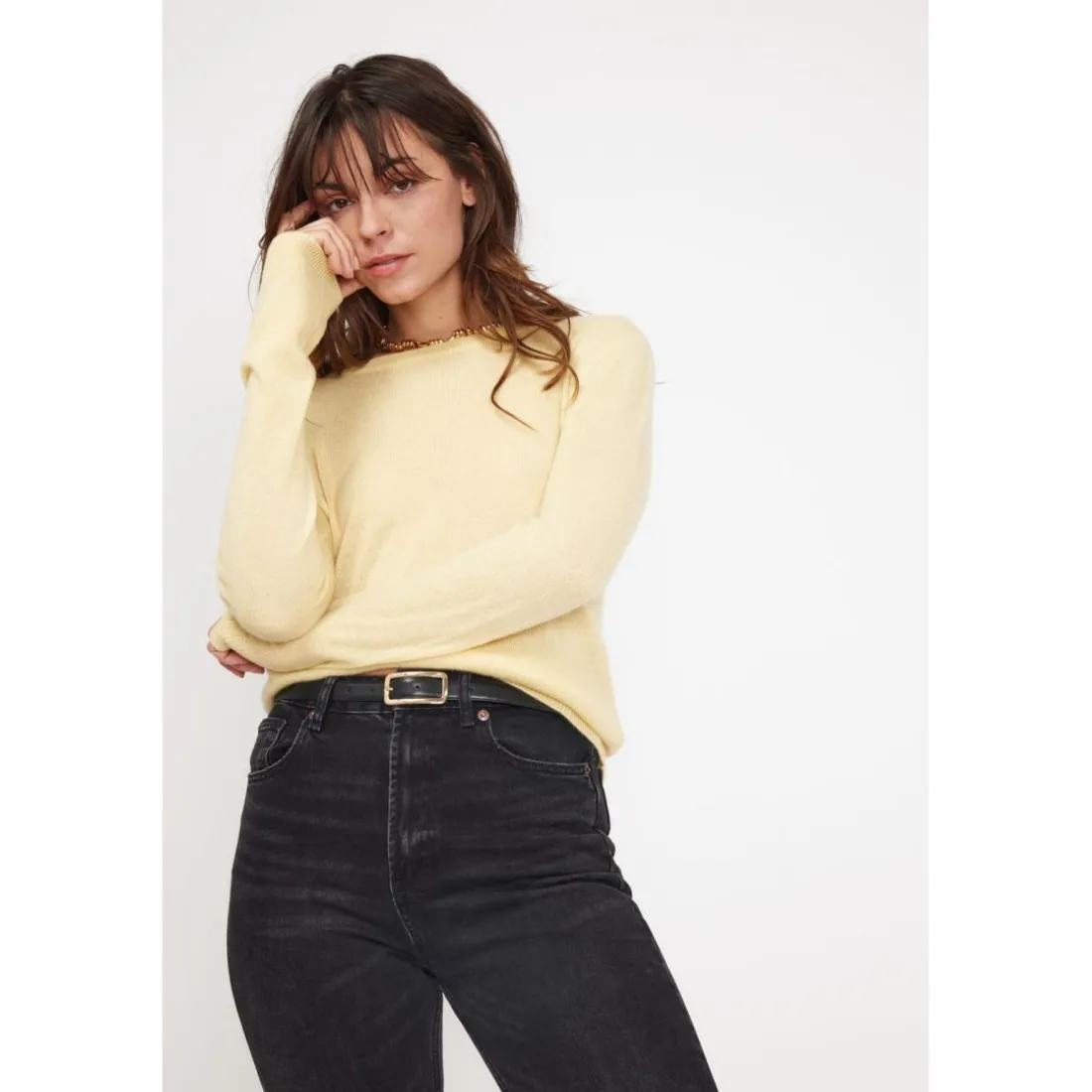 Pull femme col rond ZARA en cachemire jaune