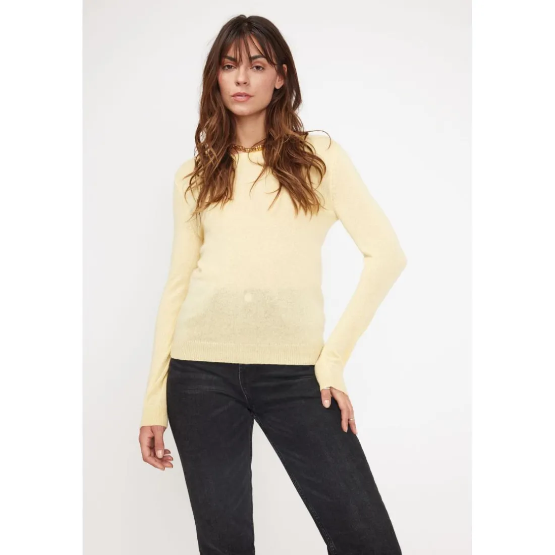 Pull femme col rond ZARA en cachemire jaune
