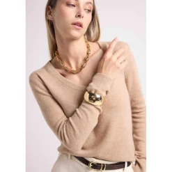 Pull femme col V ZEFINA en cachemire new beige creme