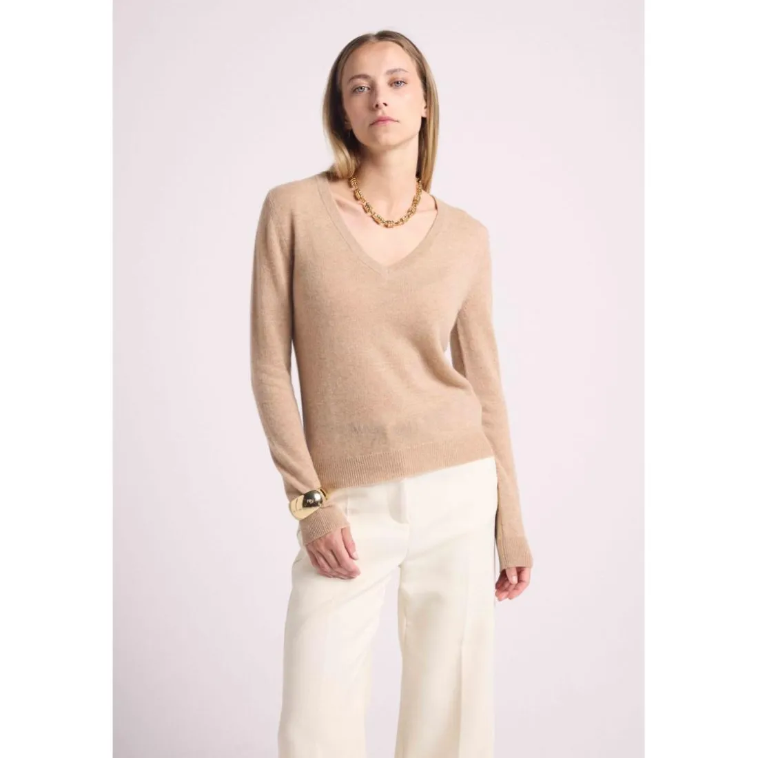 Pull femme col V ZEFINA en cachemire new beige creme