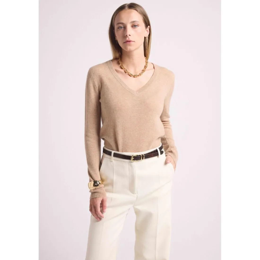 Pull femme col V ZEFINA en cachemire new beige creme