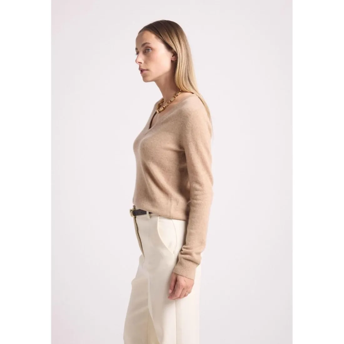 Pull femme col V ZEFINA en cachemire new beige creme