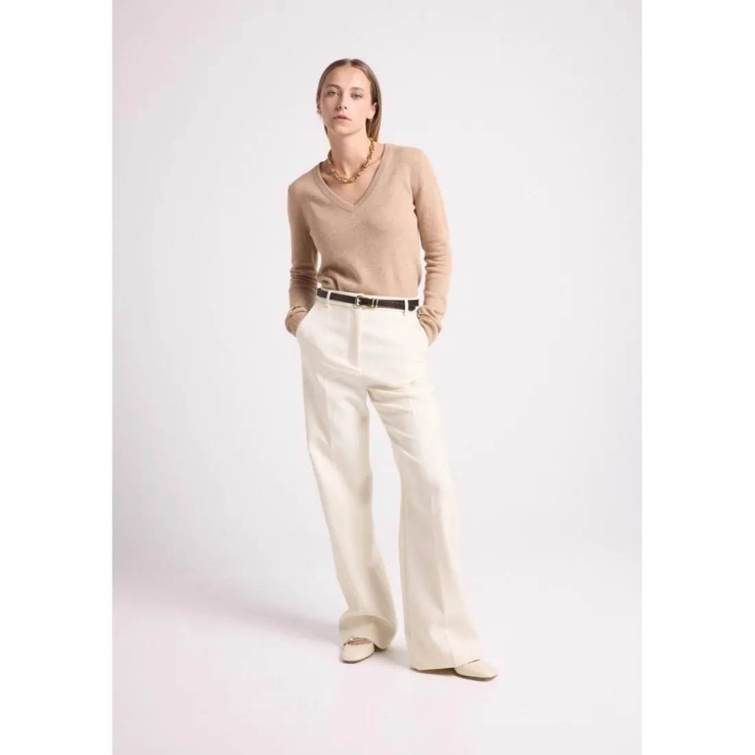 Pull femme col V ZEFINA en cachemire new beige creme