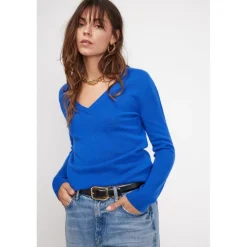 Pull femme col V ZEFINA en cachemire bleu flashy