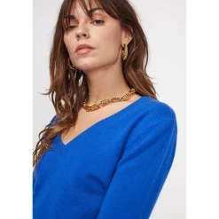 Pull femme col V ZEFINA en cachemire bleu flashy