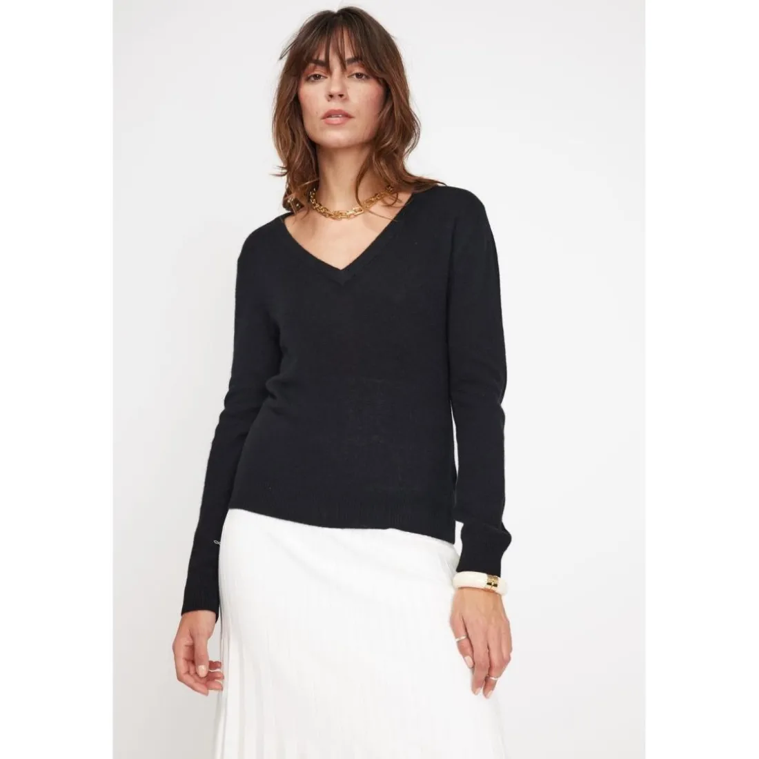 Pull femme col V ZEFINA en cachemire noir