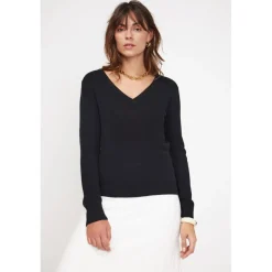 Pull femme col V ZEFINA en cachemire noir
