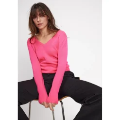 Pull femme col V ZEFINA en cachemire rose fluo