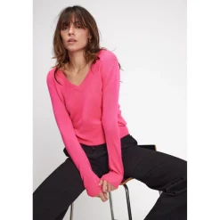 Pull femme col V ZEFINA en cachemire rose fluo