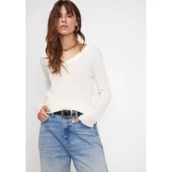 Pull femme col V ZEFINA en cachemire ecru
