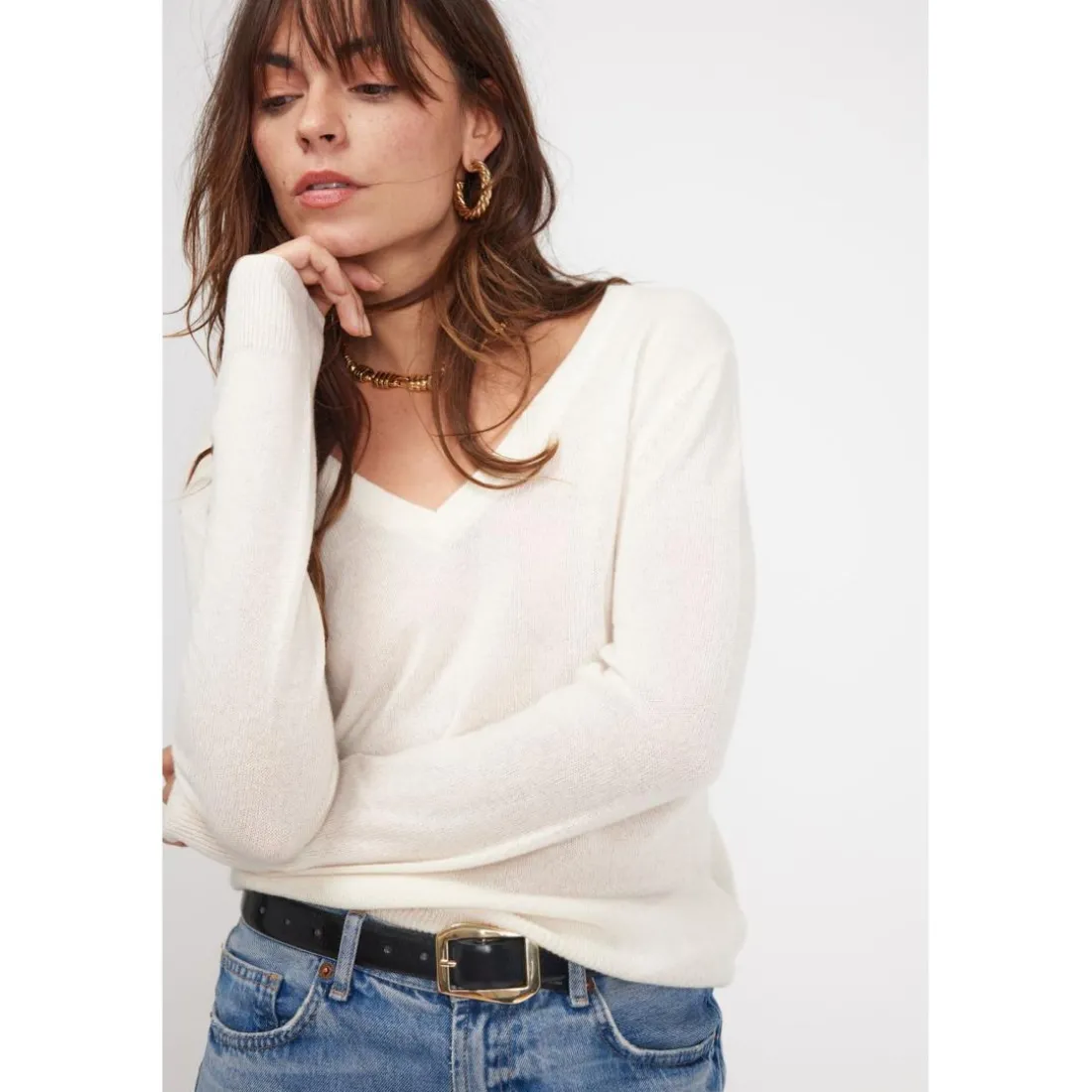 Pull femme col V ZEFINA en cachemire ecru