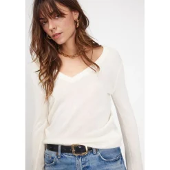 Pull femme col V ZEFINA en cachemire ecru