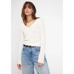Pull femme col V ZEFINA en cachemire ecru