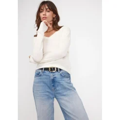 Pull femme col V ZEFINA en cachemire ecru