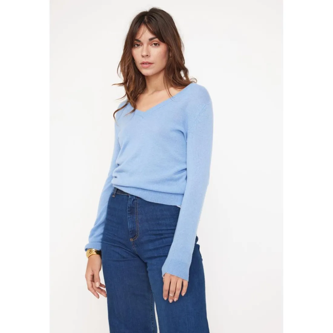 Pull femme col V ZEFINA en cachemire bleu ciel