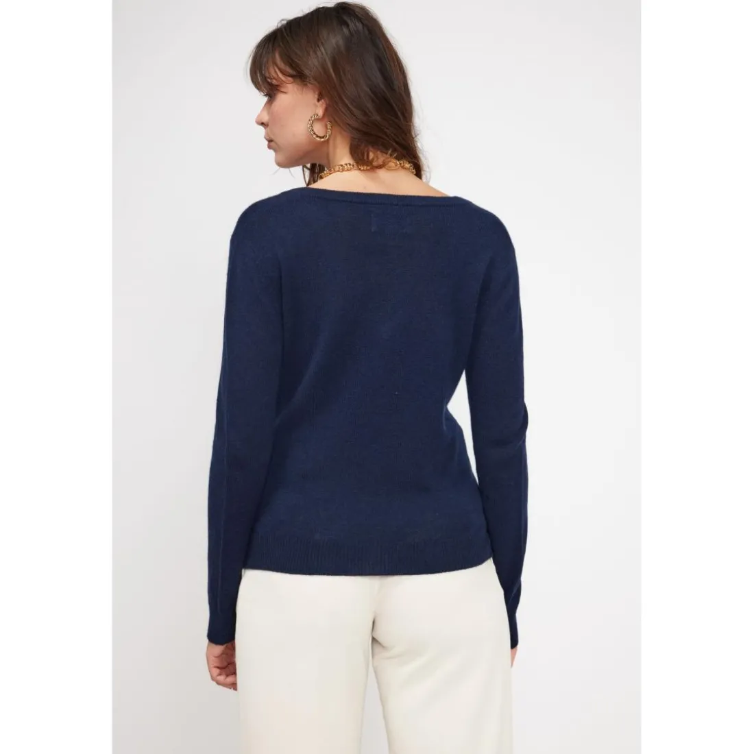 Pull femme col V ZEFINA en cachemire bleu marine
