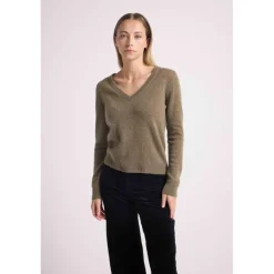 Pull femme col V ZEFINA en cachemire khaki kaki