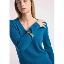 Pull femme col V ZEFINA en cachemire bleu peacock